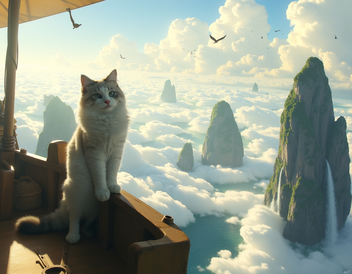 Cat captains a floating pirate ship that navigates between massive cloud-islands. Waterfalls spill over island edges, and mysterious winged creatures soar among the clouds, creating a thrilling, airborne fantasy voyage.